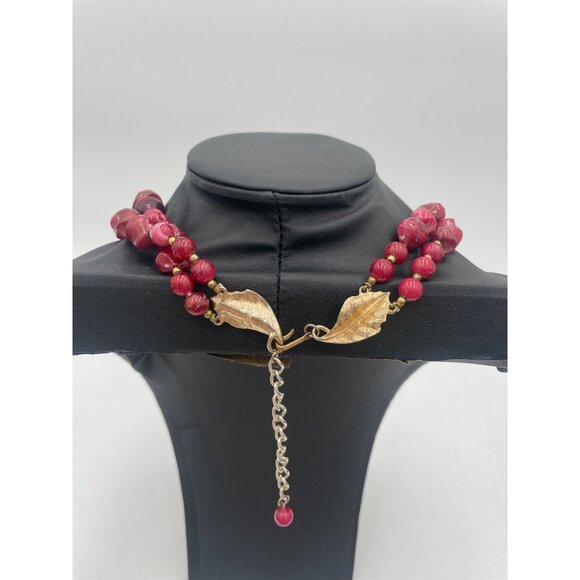 Art Deco 1950 Necklace Pink Red Acrylic Beads GoldTone Leaf Clasp Layered Design - Picture 3 of 6